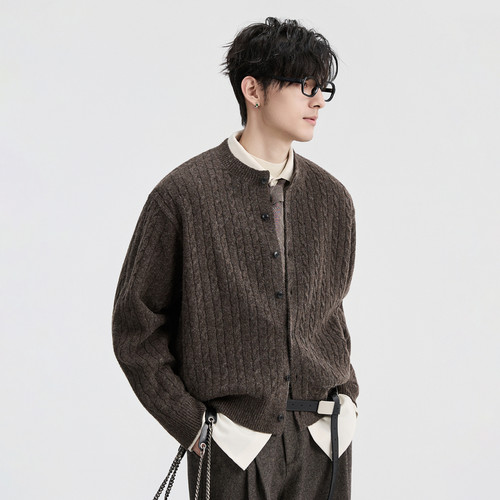 伯爵卓尔25秋冬慵懒风提花设计感毛衣开衫男士圆领含羊毛针织外套