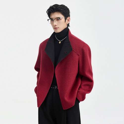 {全羊毛}伯爵卓尔25秋冬小立领撞色设计双面呢夹克男短款大衣外套