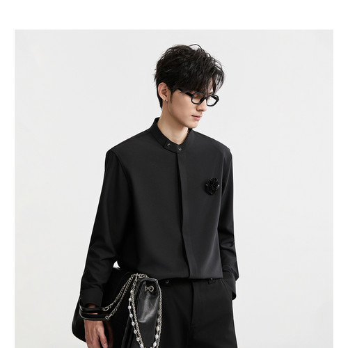 [不易皱三防衬衫]伯爵卓尔奥莱店25秋季小立领设计垫肩长袖衬衫男