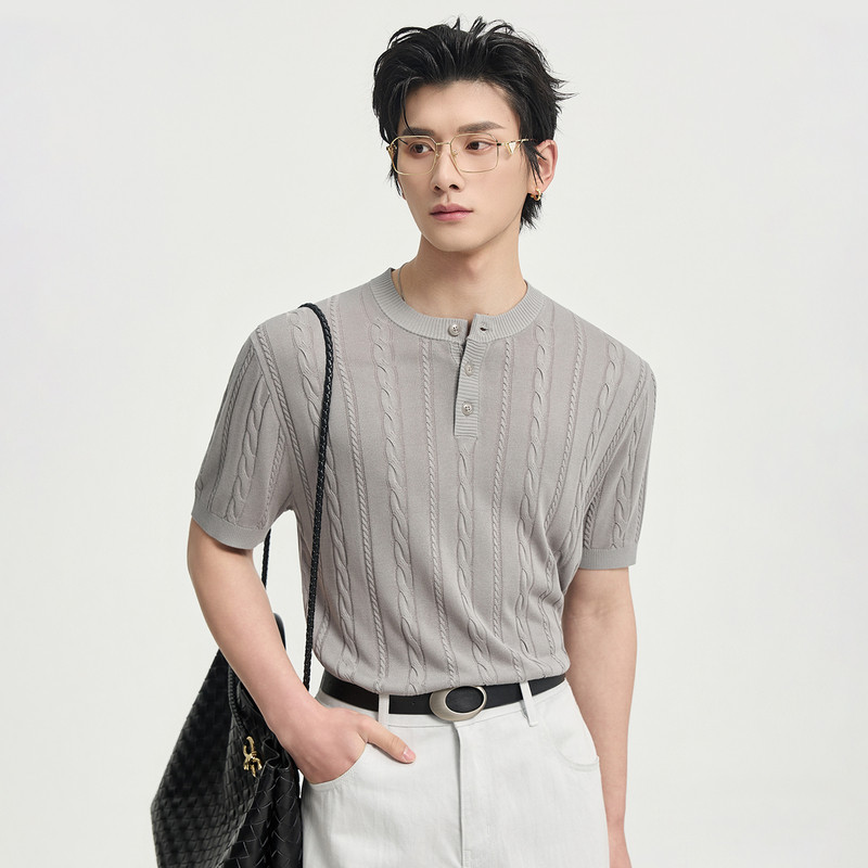 伯爵卓尔26夏季亨利领设计针织短袖T恤男士高级感时尚提花体恤衫