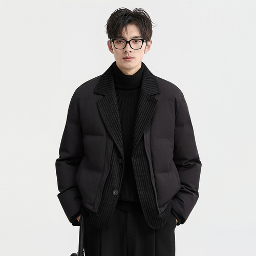 伯爵卓尔25冬季假两件拼接设计羽绒服男潮流翻领条纹加厚保暖外套
