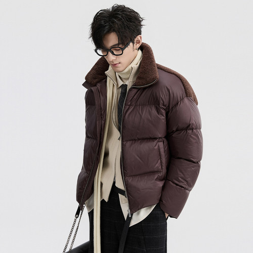 伯爵卓尔25深冬仿羊羔毛领短款羽绒服男士时尚保暖立领面包服外套