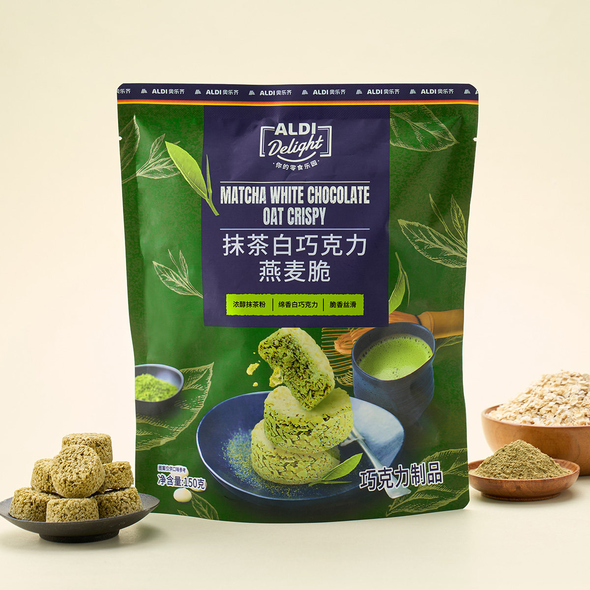 上海奥乐齐Delight抹茶白巧克力燕麦脆办公室休闲零食超市代购