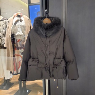 韩国原单mich2025秋冬新款 外套女宽松带腰绳 狐狸毛领羽绒服女短款