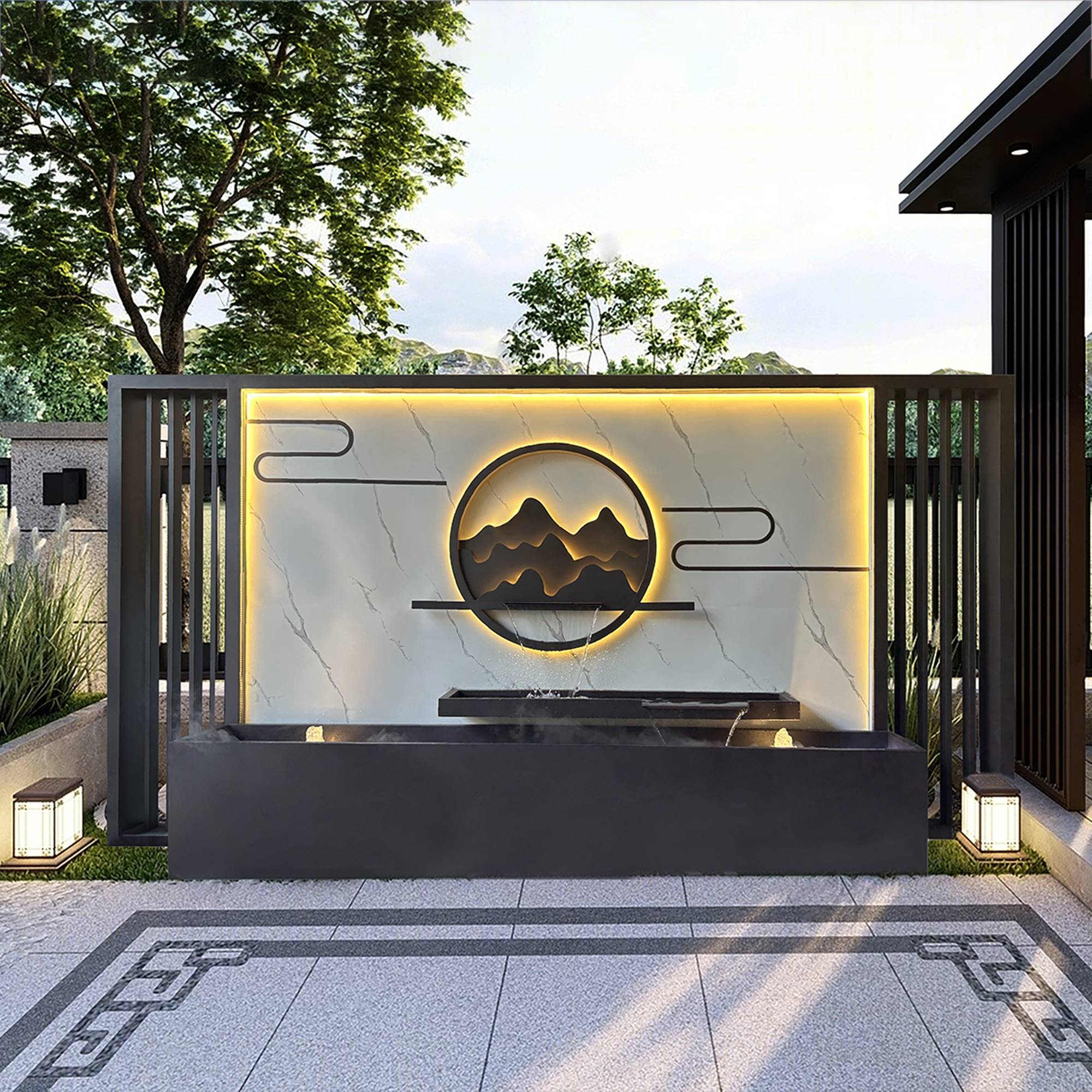 定制户外园林庭院小区新中式深咖色不锈钢流水屏风隔断影壁水幕墙