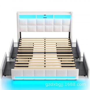 热销充电布艺床全尺寸床架带LED灯带软垫床储物床头板和抽屉