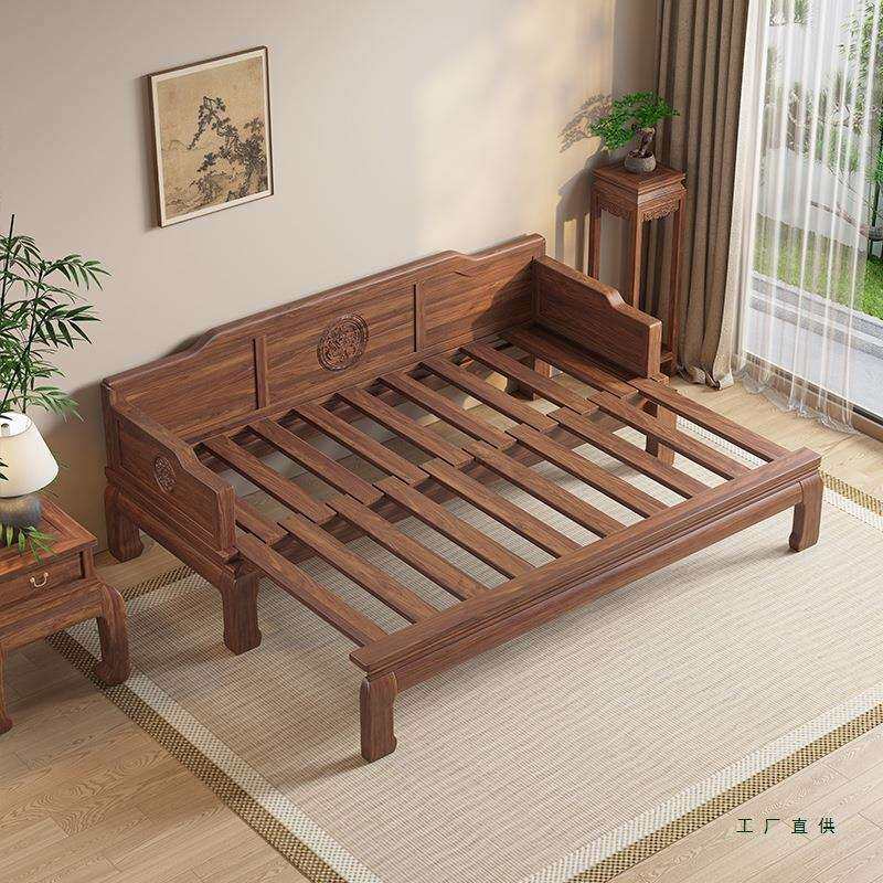 新中式实木沙发床一体两用大小户型客厅胡桃木推拉折叠伸缩罗汉床