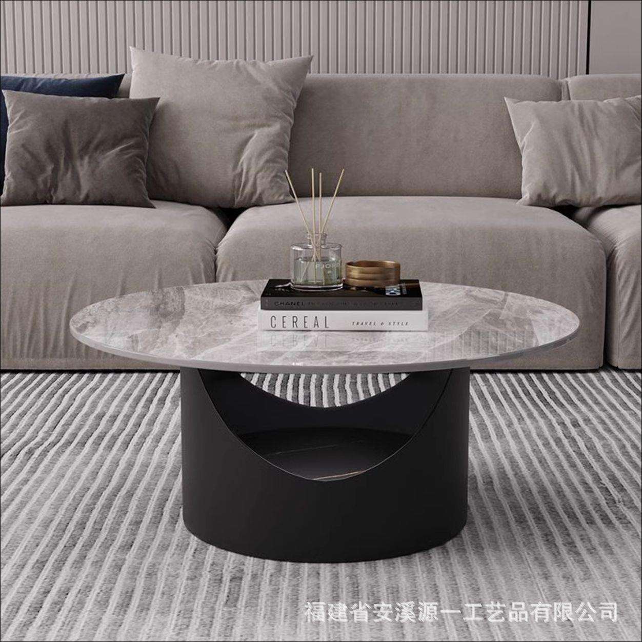 岩板茶几客厅家用小圆桌小户型奶油风简约现代新款圆形双层茶几桌