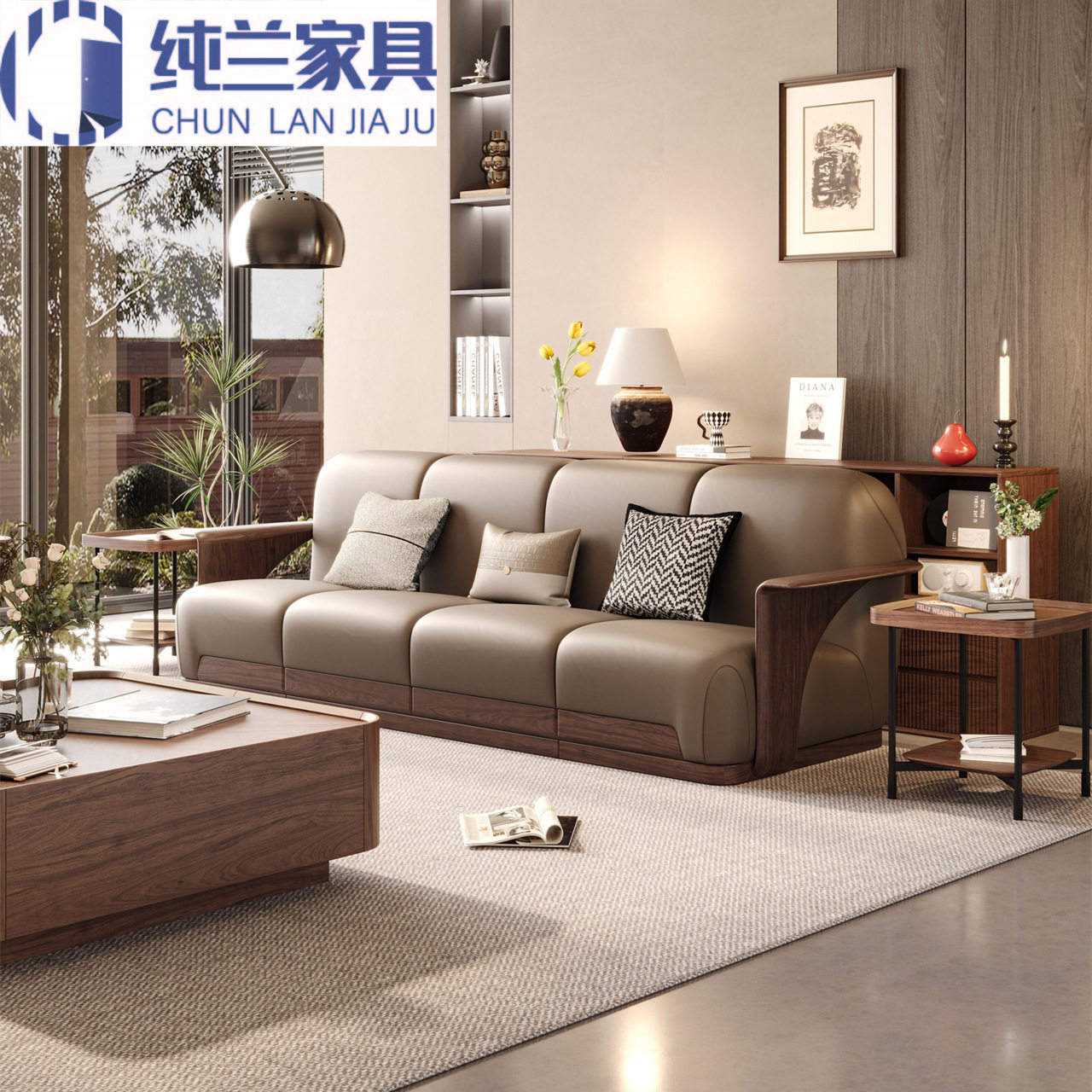轻奢现代乌金木皮质实木沙发