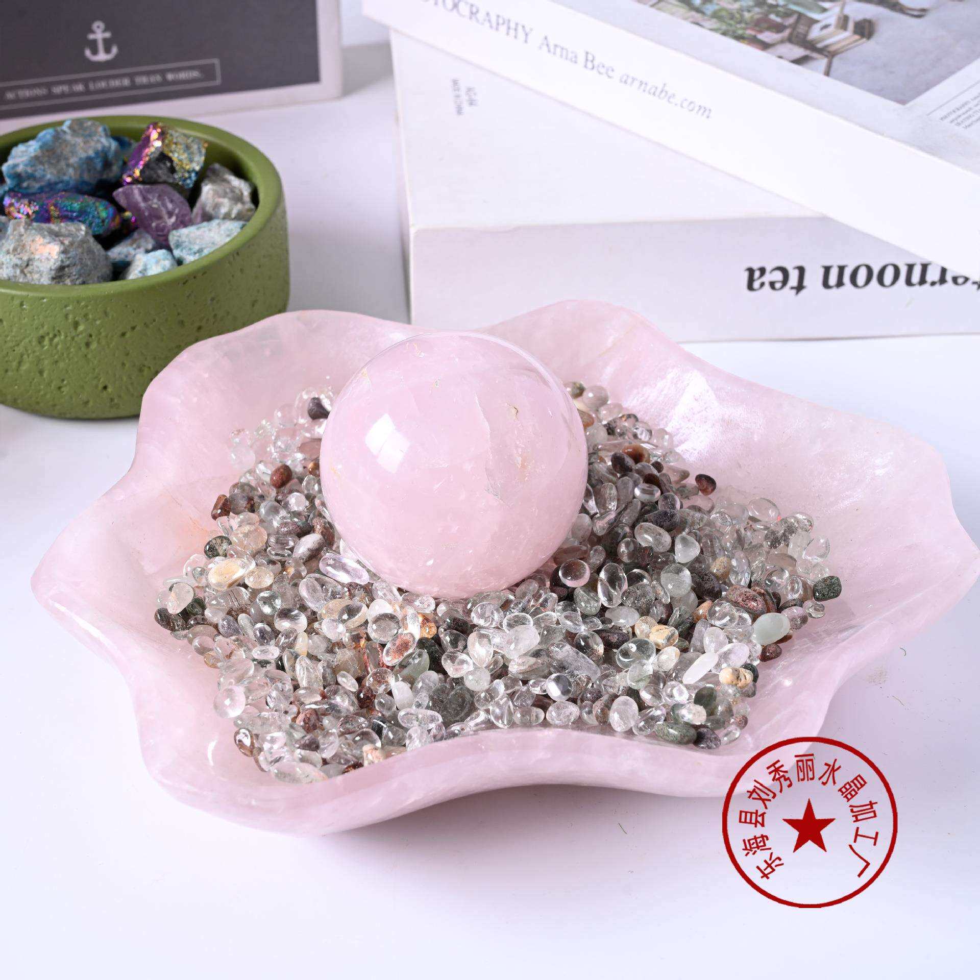 天然白粉紫水晶消磁净化随形盘果盘水晶原石打磨居家办公桌面摆件