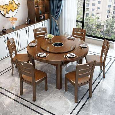全实木餐桌椅带转盘电磁炉现代简约伸缩折叠家用小户型饭桌火锅桌