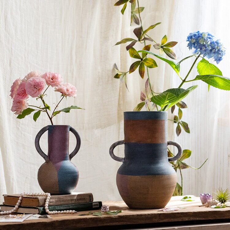 复古双耳陶土花瓶摆件客厅餐桌干花插花艺术装饰陶瓷花器
