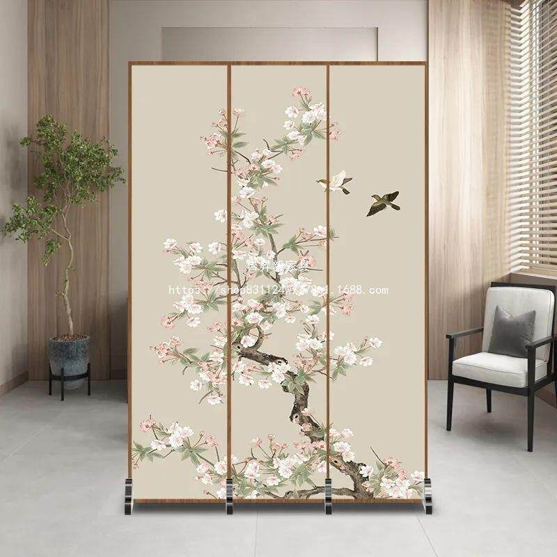 新中式简约现代隔断入户布艺遮挡客厅木质屏风玄关装饰移动座屏