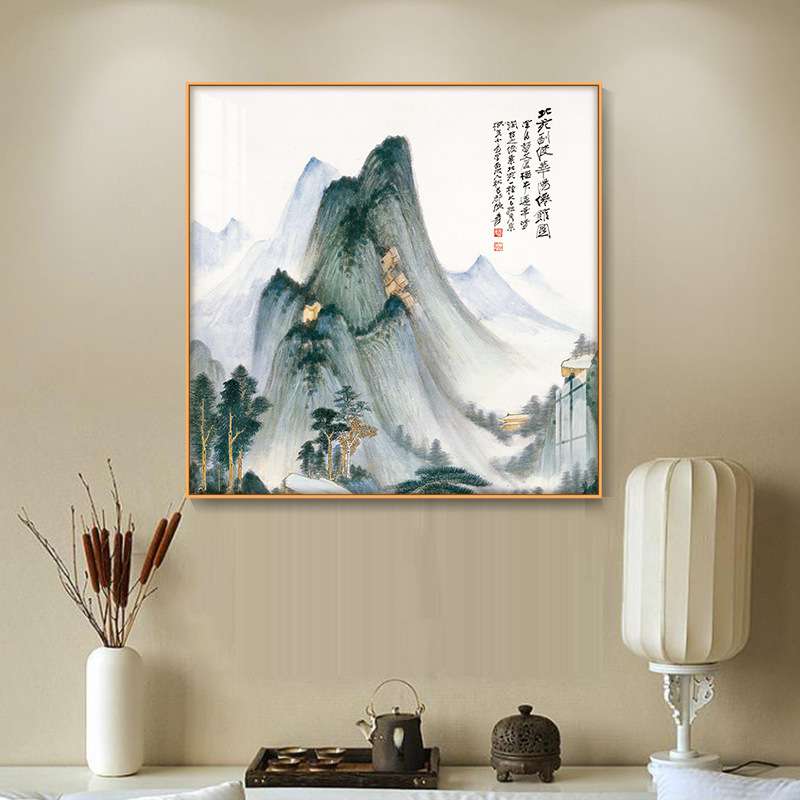 现代中式山水画张大千挂画客厅装饰画玄关书房茶室铝合金晶瓷壁画图片