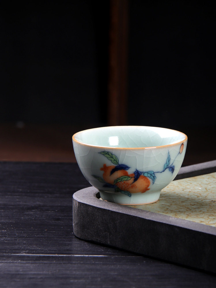 仿古釉中彩青花中式汝窑蝶恋花石榴品茶杯汝瓷个人复古品茗主人杯
