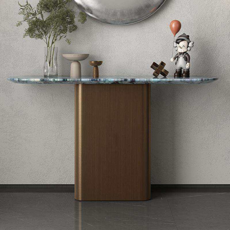 意式轻奢蓝翡翠奢石玄关桌现代简约天然大理石古铜色条案别墅客厅