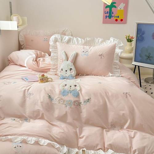 全棉水洗棉床上四件套100纯棉高端儿童床品精美绣花被套床三件套