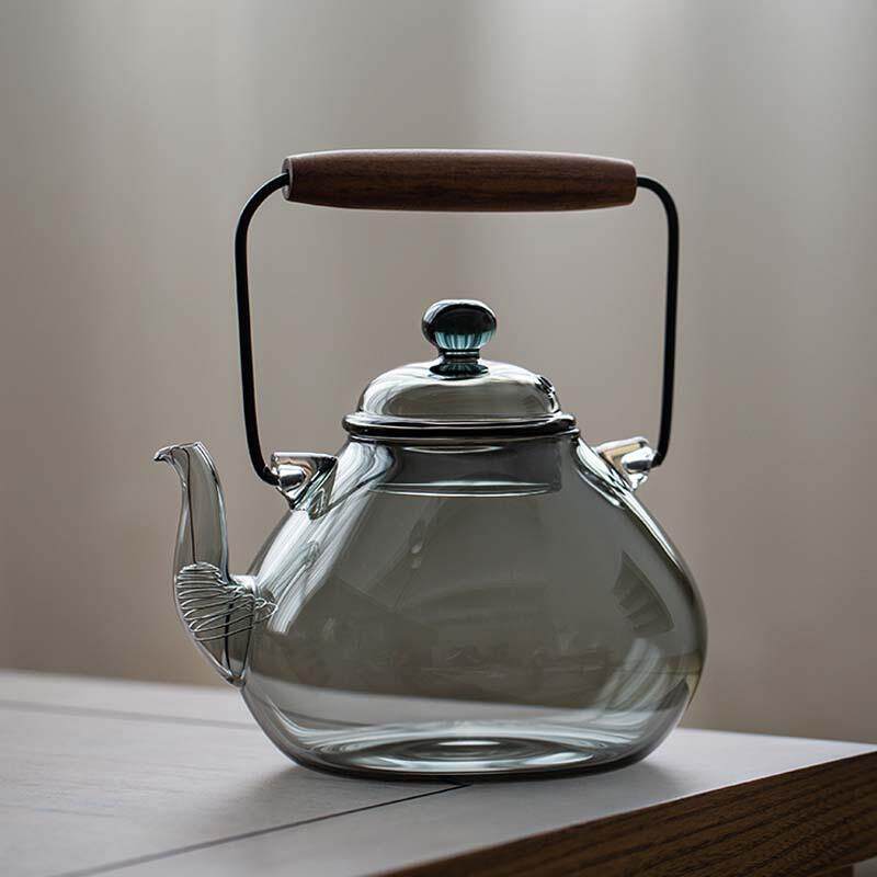 日式提梁烧水壶可电陶炉加热玻璃煮茶壶青莼灰色复古耐热大容量