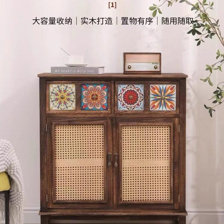 c^实木餐边柜藤编美式复古茶水柜客厅收纳柜民宿新中式储物柜阳台