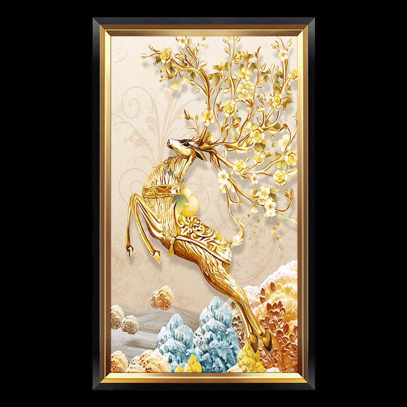 现代轻奢大气玄关装饰画竖版走廊过道壁画招财发财鹿欧式客厅挂画