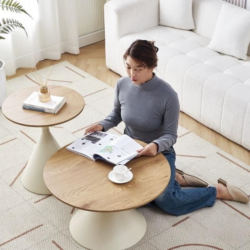 奶油风实木茶几家用极简客厅小户型现代简约感圆形可移动边几