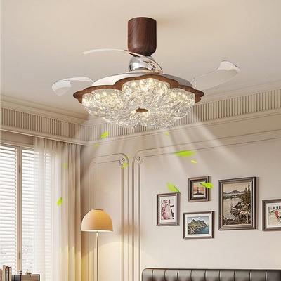 隐形风扇灯中古风花朵卧室灯法式奶油风静音电扇一体餐厅吊扇灯具