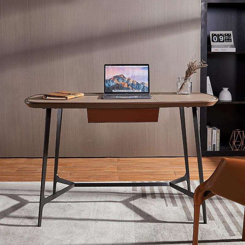 意式现代简约学生书桌不锈钢马鞍皮电脑家用办公台网红实木桌新款