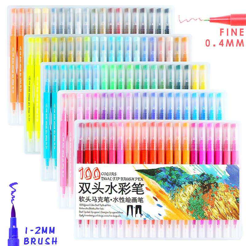 现货彩色三角圆杆100色双头软毛笔针管勾线笔学生绘画水彩笔