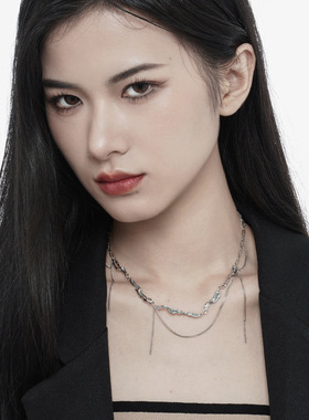 ears原创S925纯银项链女薄荷蓝链条流苏纹理多层十字链小众锁骨链