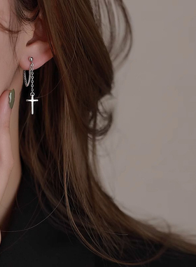 S925纯银十字架耳钉女款轻奢流苏高级感耳环气质耳坠养耳洞潮耳饰