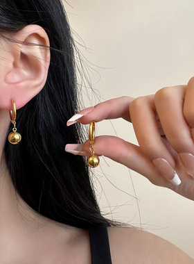 法式优雅金属球吊坠耳环百搭气质耳扣ins潮圆珠精致耳圈高级感
