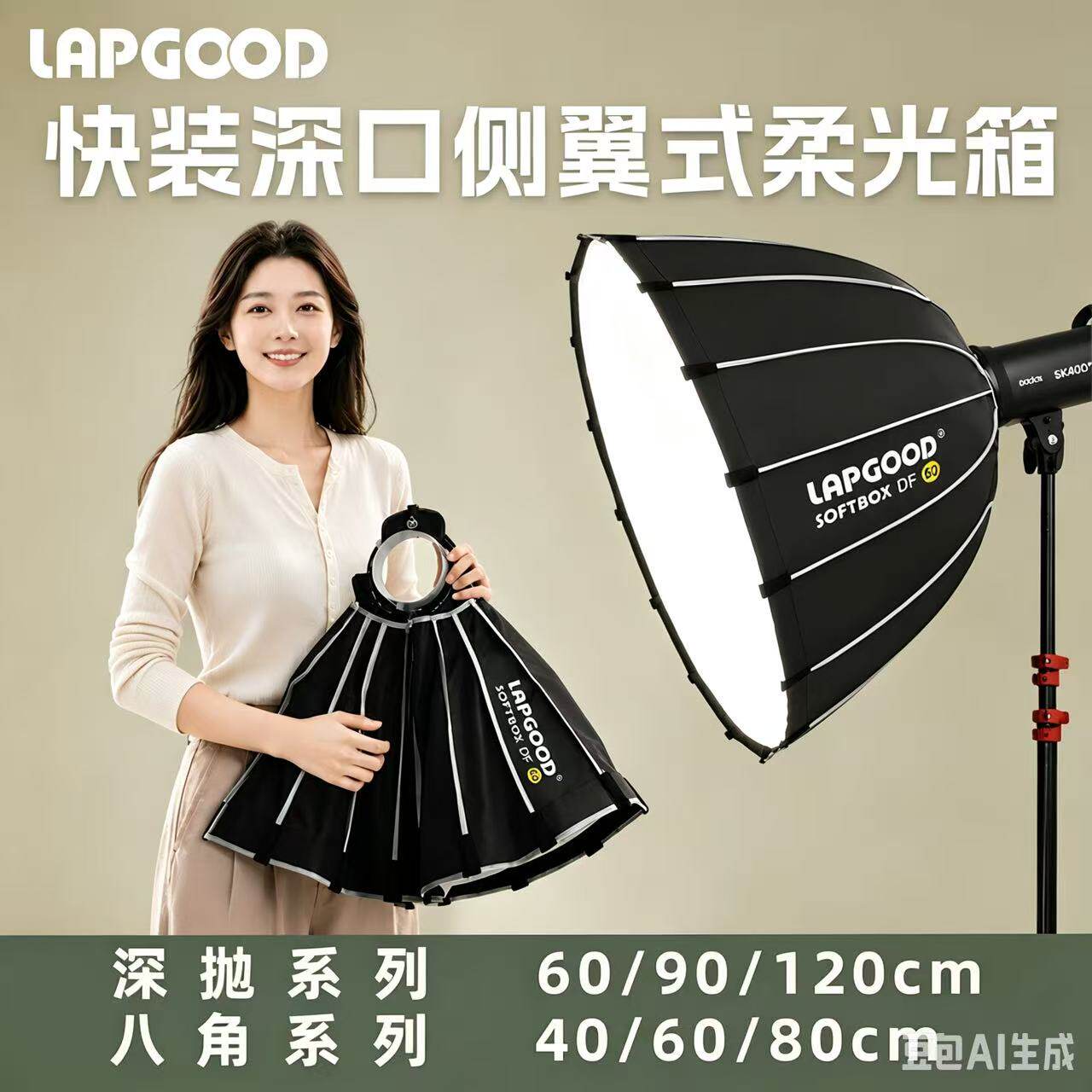 立谷LOGOOD侧翼八角柔光箱40/60/80快装网格深抛柔光罩抛物线60/90/120cm保荣口可折叠便携适用神牛补光灯