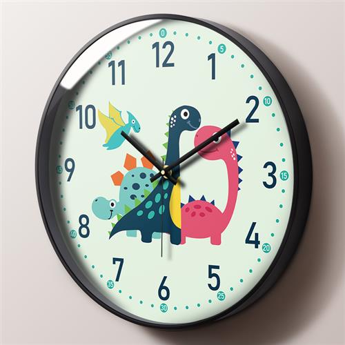 卡通可爱挂钟静音时钟男孩卧室儿童房幼儿园挂墙钟表创意恐龙挂表