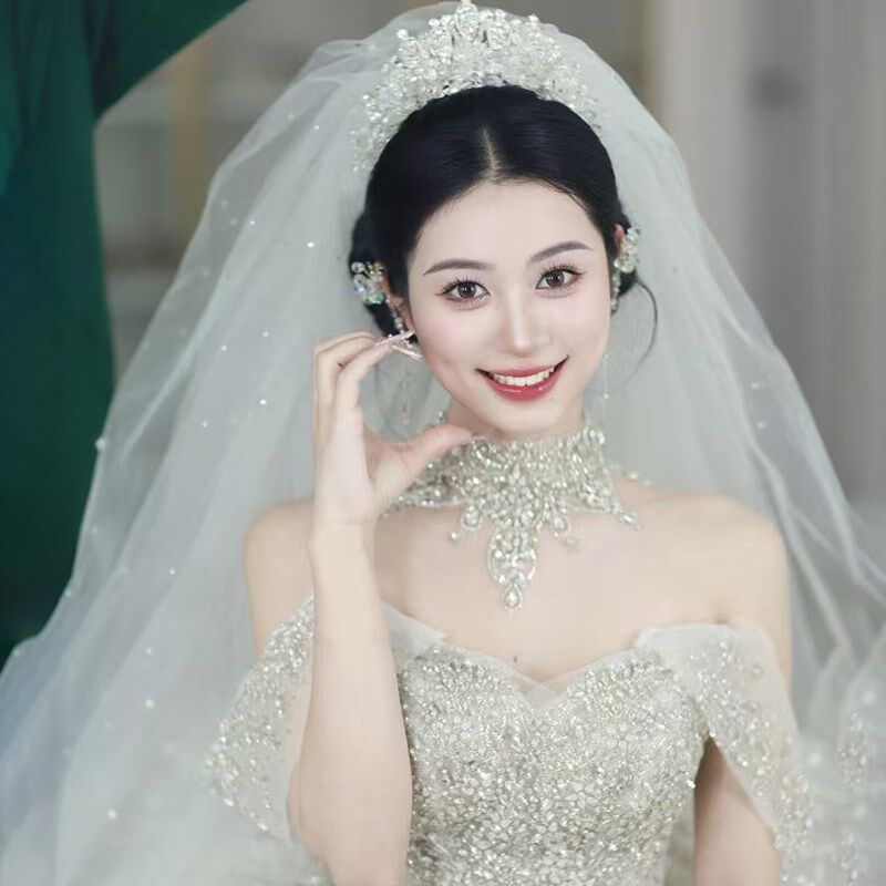 热销星空亮闪头纱长款大拖尾网红珍珠G水钻主婚纱新娘结婚头饰超