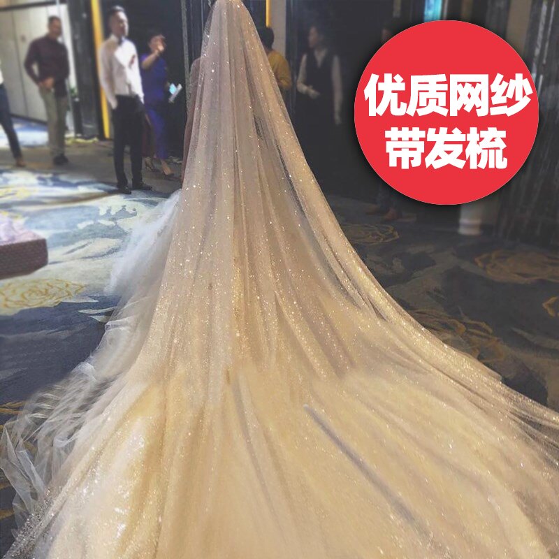 热销星空亮闪头纱长款大拖尾网红拍照道具主婚纱新V娘结婚头饰超