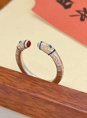 新中式国潮描金工艺复古金箍棒仿纯银戒指女黑神话悟空气质文艺