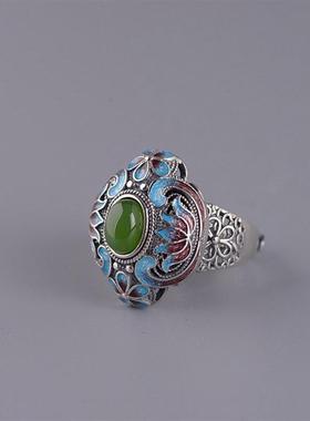 南红玛瑙烧蓝花纹仿纯银戒指女士宫廷复古做旧指环可调节开口戒子