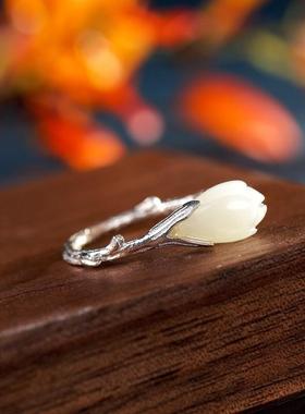 玉兰花仿S925泰银故宫上新玉白气质优雅高档开口女戒指指环