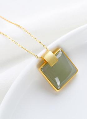 新款无事牌项链吊坠天然和田玉青玉白玉S925纯银镶嵌古法金工艺链