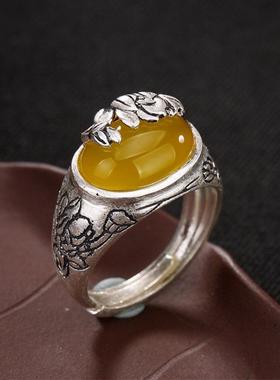 S990足银莲花镶嵌开口戒指复古哑光纯银指环女款黄玉髓白玉银戒指