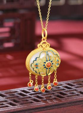 宫典国潮项链女和田玉珐琅纯银锁骨链新中式饰品送妈妈生日礼物