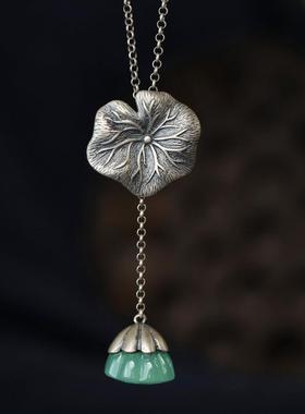 民族风S925纯银复古做旧女款莲叶露珠荷叶仿天然和田玉流苏项链