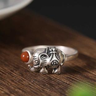 招财吉象925纯银戒指女镶南红碧玉复古风中国风小象银复古食指戒
