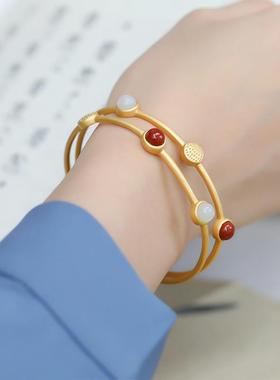 新中式古法金手镯女红色珐琅复古高级感简约白玉小众设计开口镯子