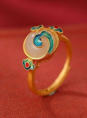 中国风天然和田玉宝石开口戒指女故宫国风金镶玉镀18k包金玉石