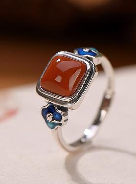 南红玛瑙景泰蓝复古仿S925纯银气质祥云方形戒指古典国潮开口指环
