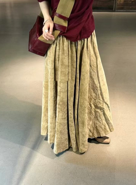 umawan秋g冬茶色棉质亚麻平绒不规则百褶半裙半身裙褶皱做旧半裙