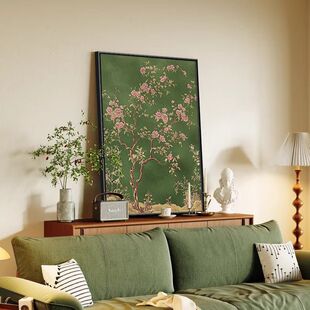 杏花绿色法式 壁画 饰画中古风沙发背景墙挂画宋式 南洋复古风客厅装