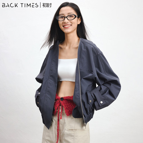 BACKTIMES初时早春新品休闲短款宽松拉链夹克外套女工装风外套