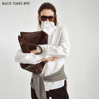 初时【高领棉衫】宽松休闲高领长袖衬衫女百搭通勤纯色文艺风上衣